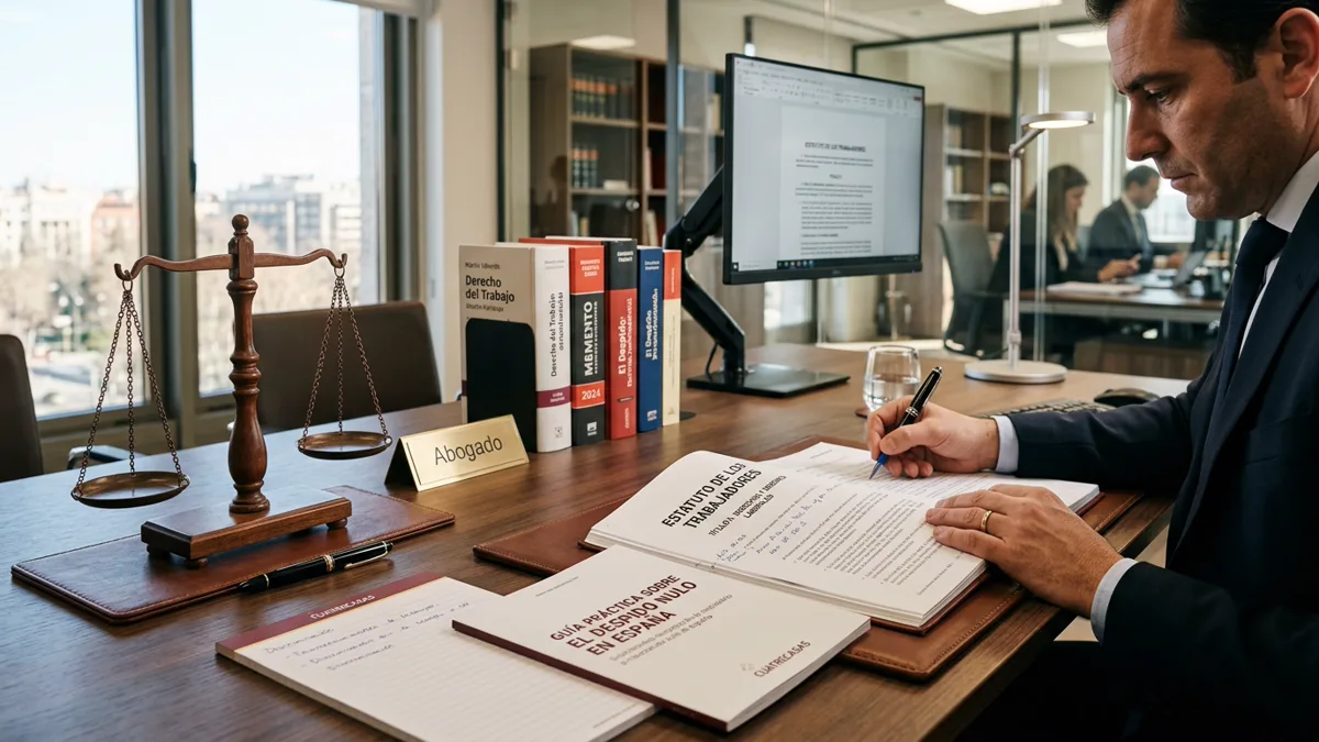 Mesa de despacho jurídico con el Estatuto de los Trabajadores, balanza de la justicia y documentación sobre despido nulo